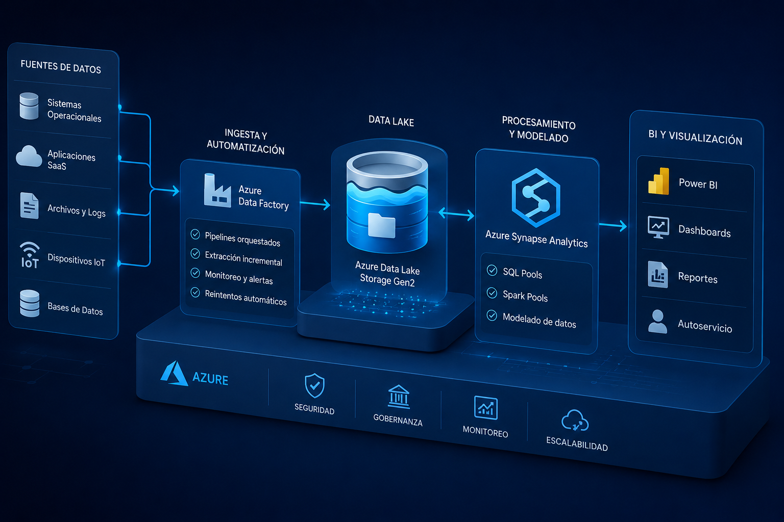 Arquitectura moderna de datos con Azure Synapse, Data Lake y automatización ETL para analítica empresarial y business intelligence