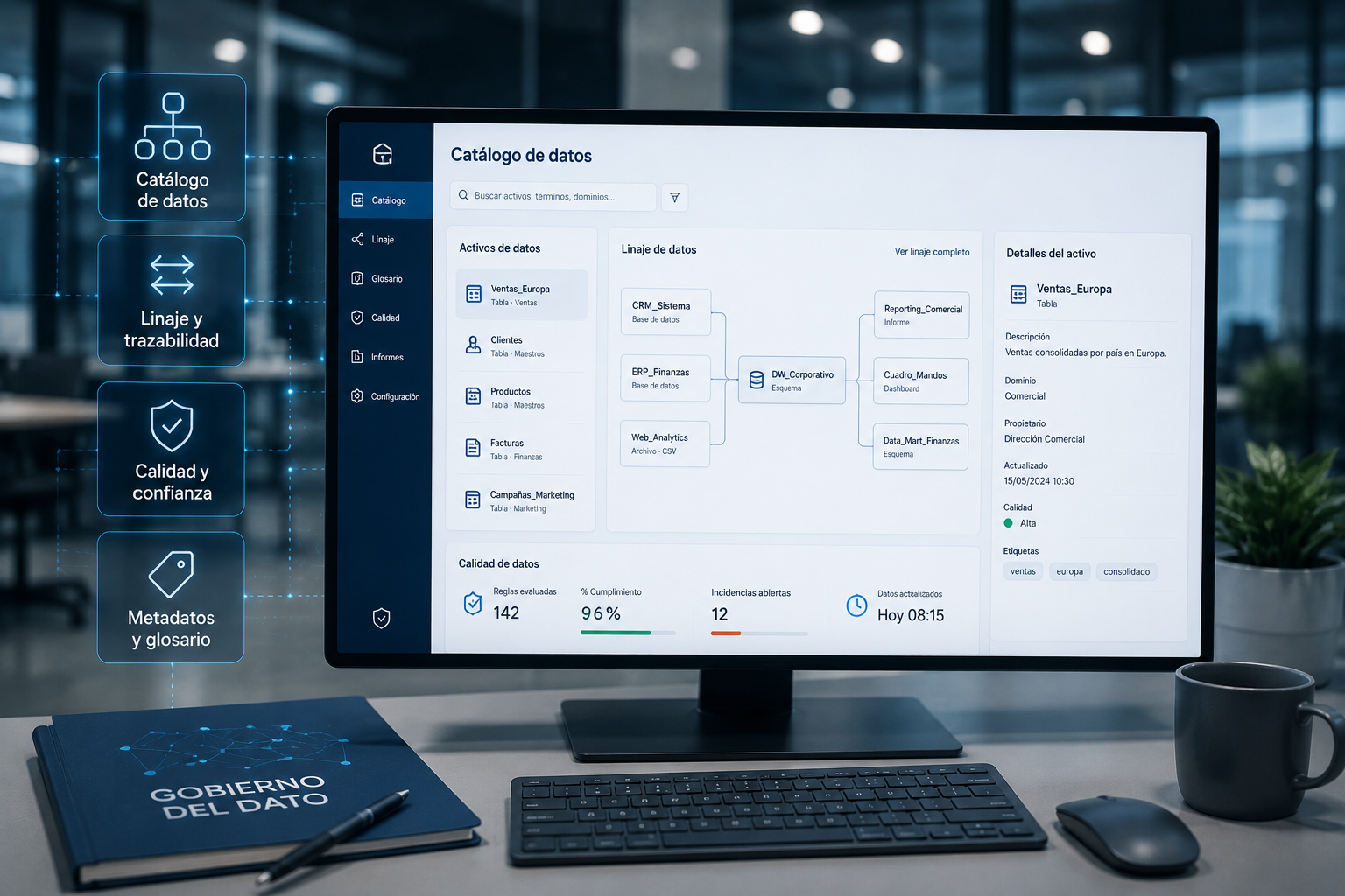 Dashboard corporativo de gestión de datos con catálogo de metadatos, trazabilidad y control de calidad en un Data Warehouse empresarial