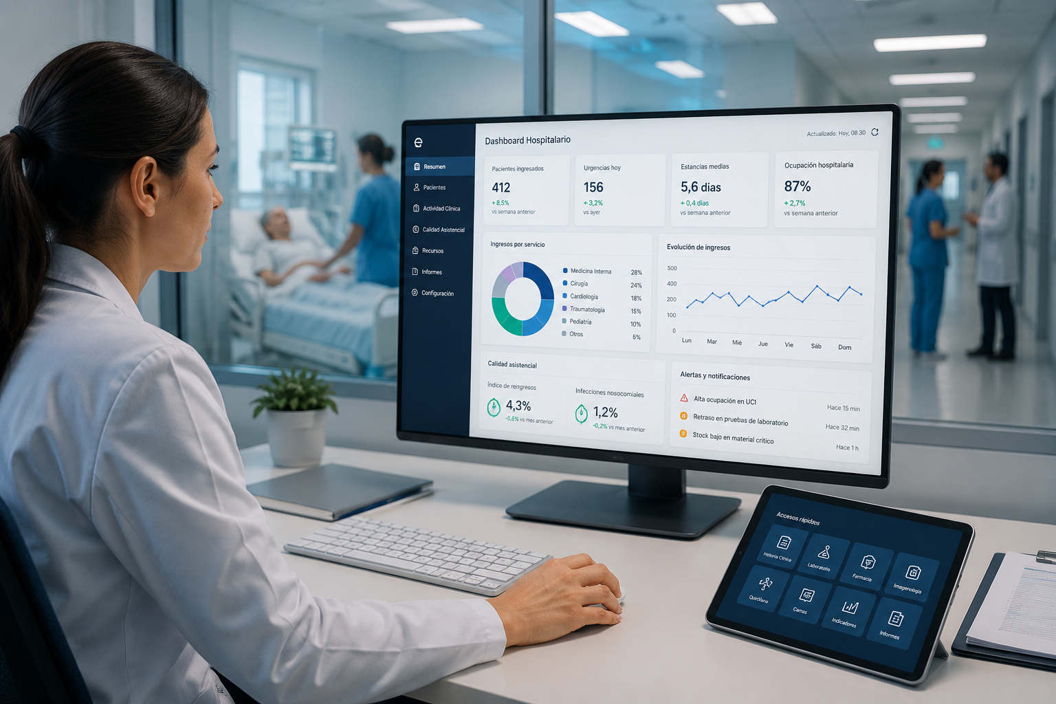 Profesional sanitario utilizando un dashboard hospitalario para análisis de datos clínicos y gestión operativa en tiempo real