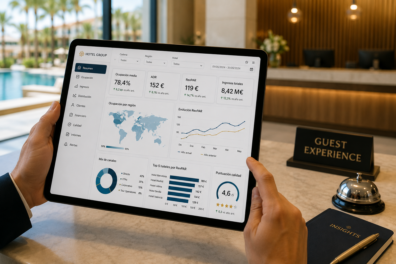 Tablet con dashboard hotelero para análisis de ocupación, ingresos y rendimiento operativo en una cadena hotelera internacional