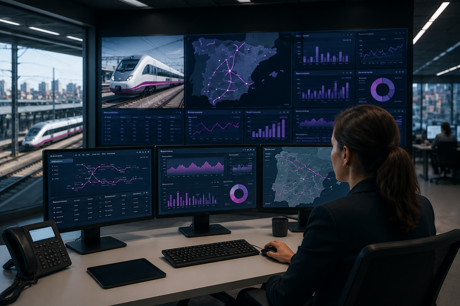 Centro de control ferroviario con dashboards analíticos y visualización de datos operativos en tiempo real para gestión de transporte y operaciones ferroviarias